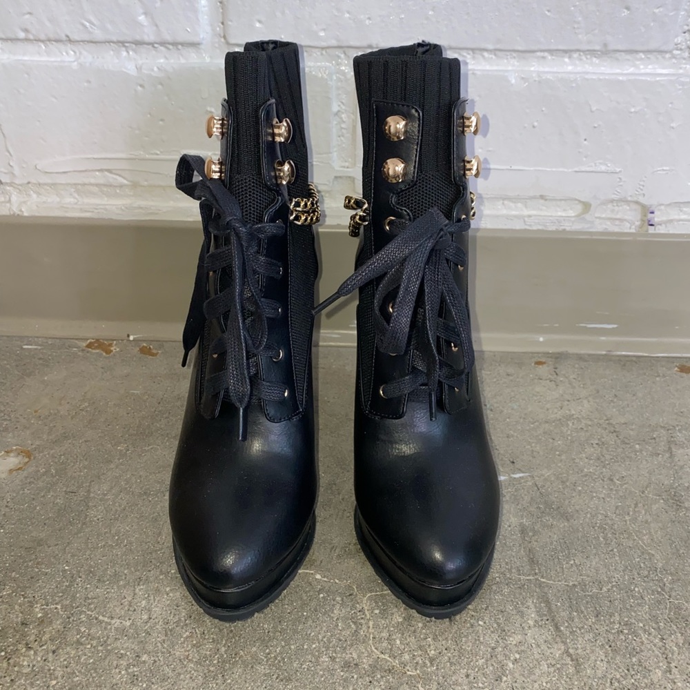 Black with Gold Chain Heel Bootie